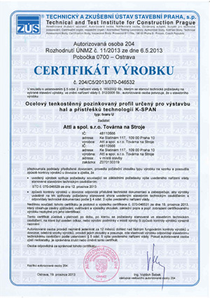 Obloukové haly - certifikát výrobku