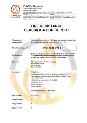 Obloukové haly - protokol o klasifikaci požární odolnosti EN
